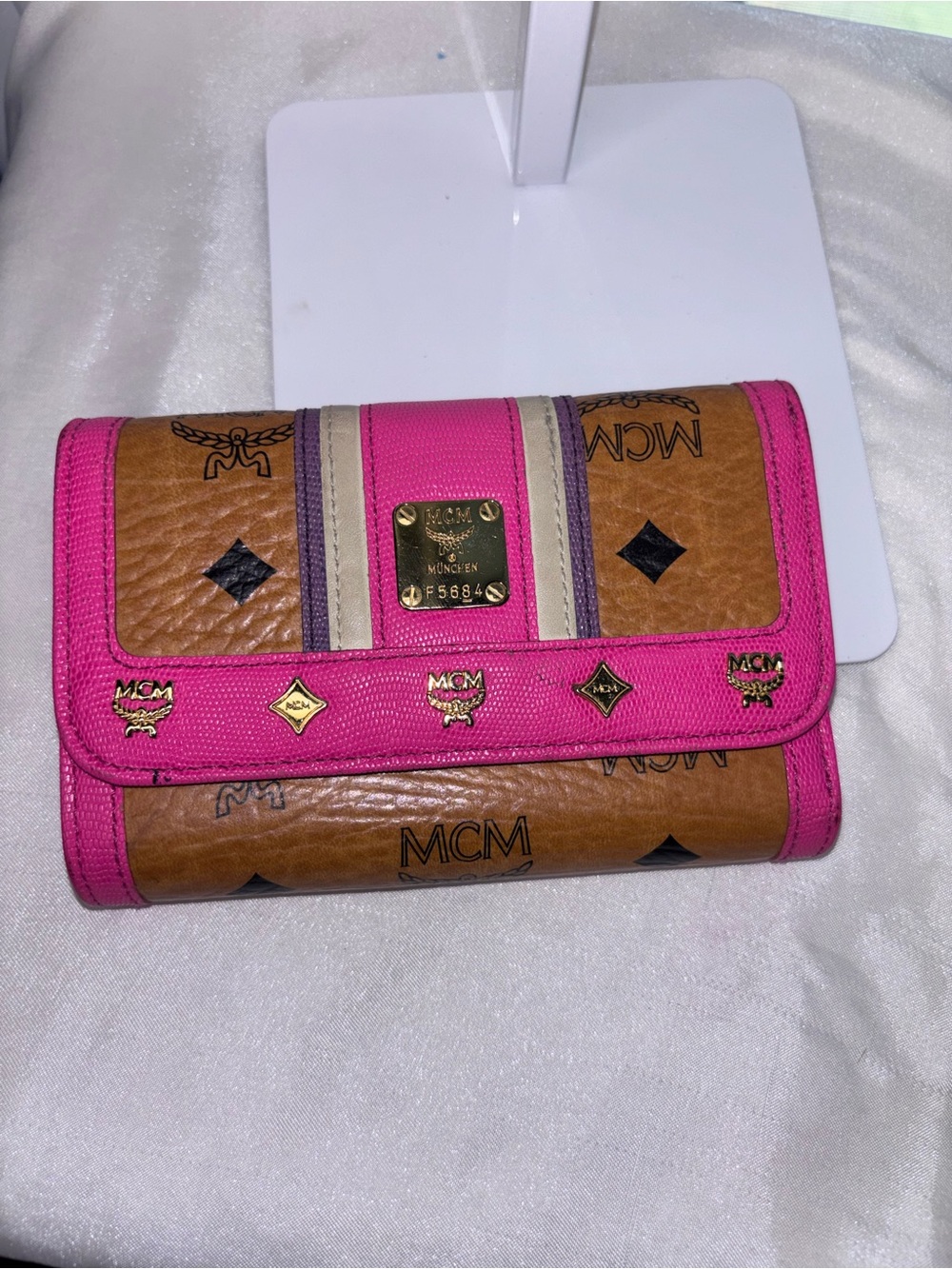 MCM Brown Visetos Wallet with Pink Trim & Cream Stripe